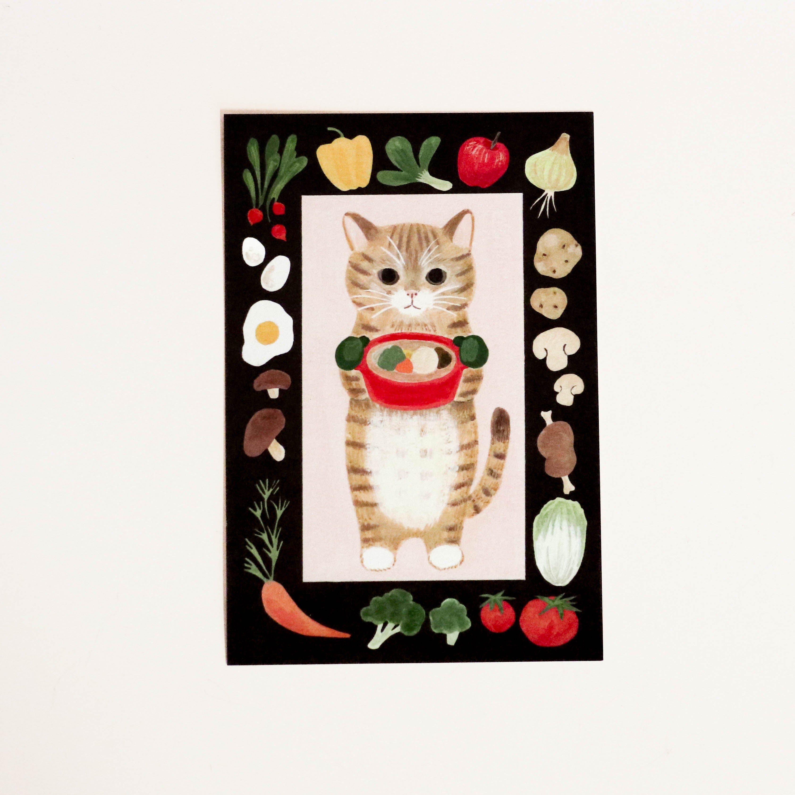 Japanese card with cat holding a pot of food