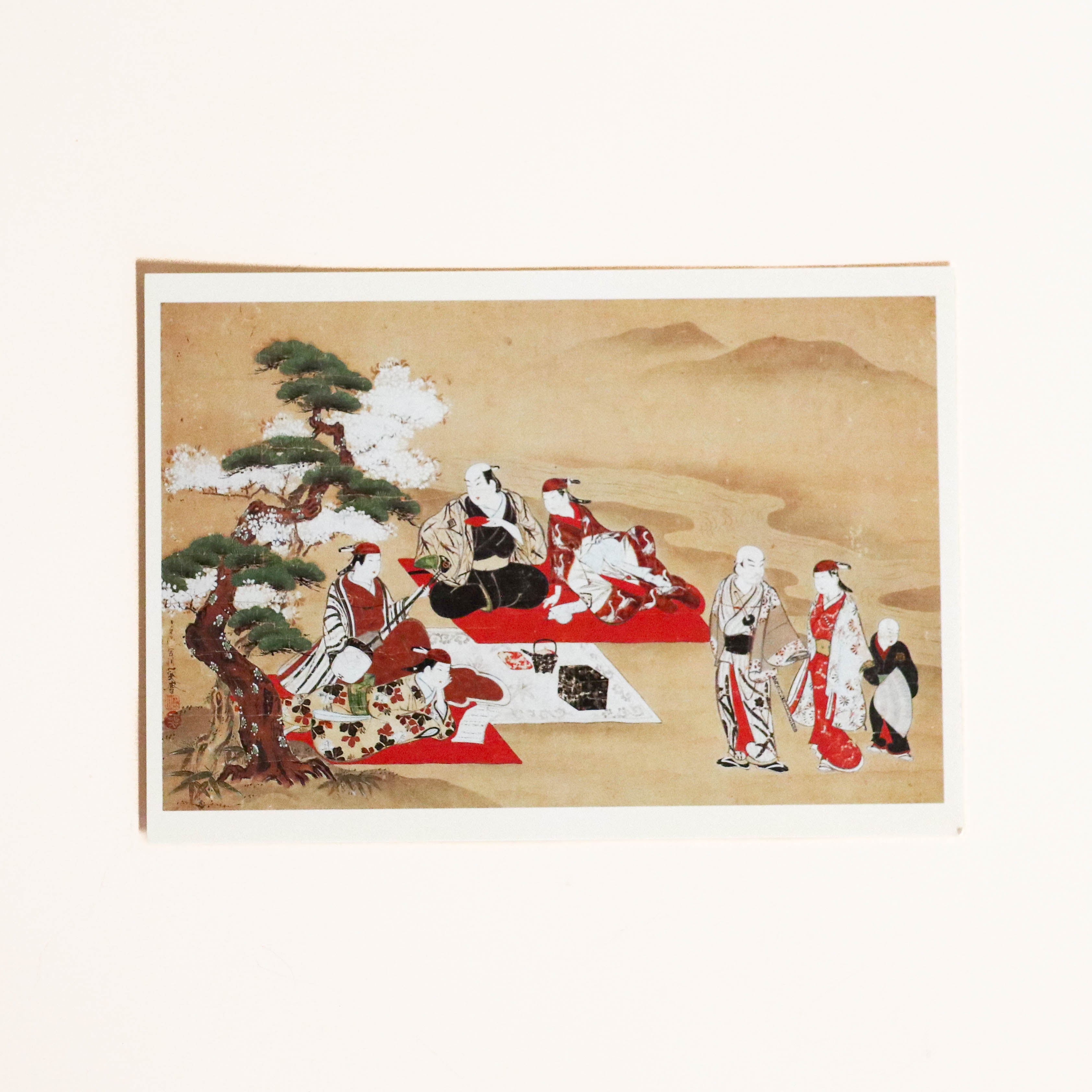 Card with Japanese picnic and people in kimonos