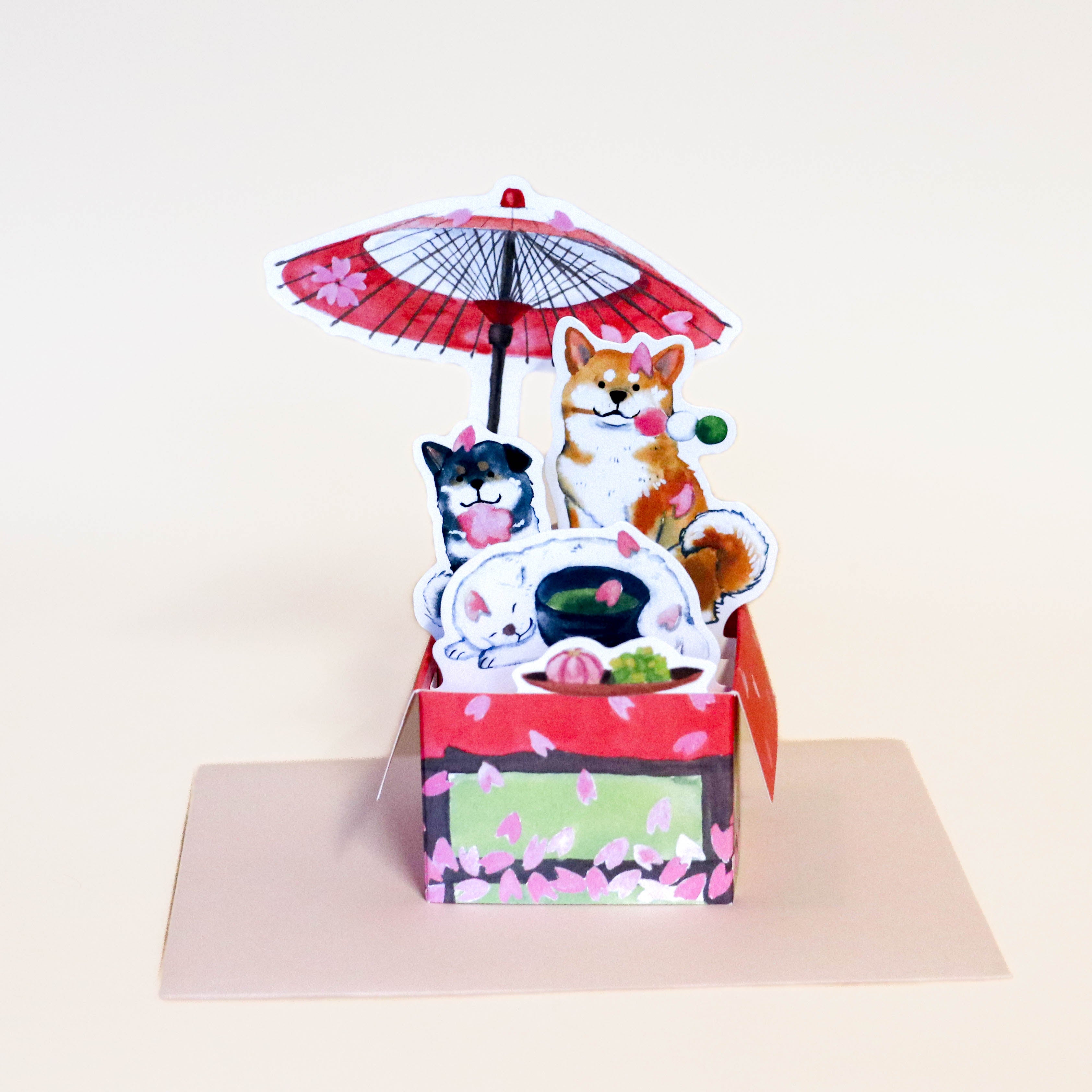 Fold-out card with Shiba and umbrella